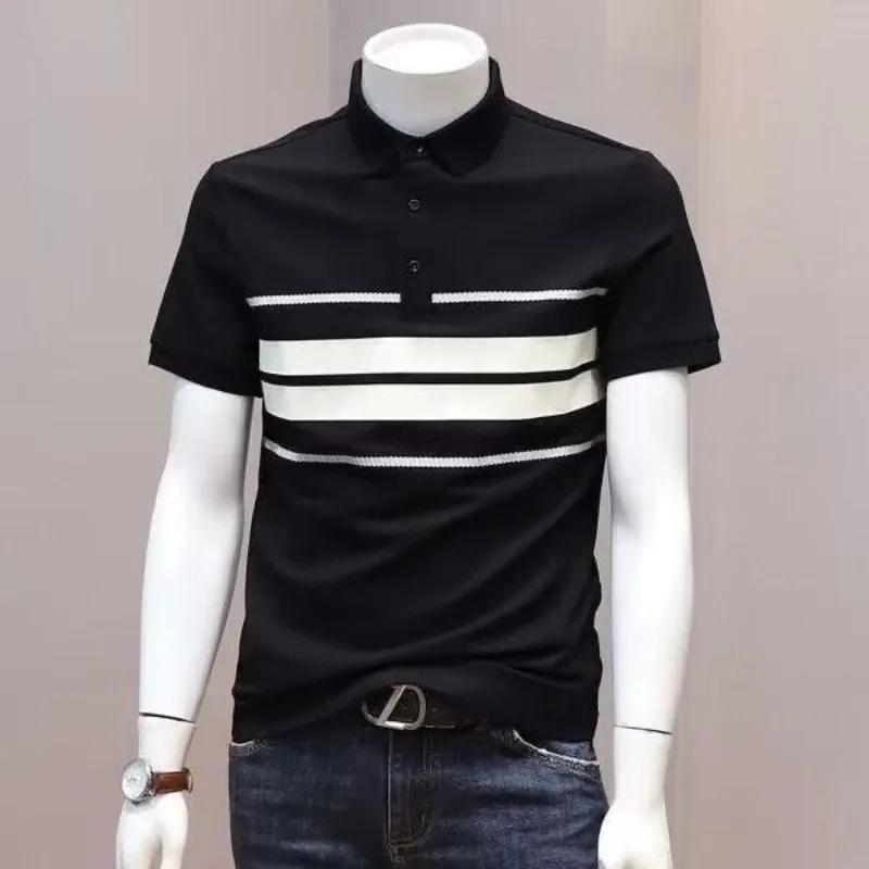 

Streetwear Fashion Men Slim Black White Stripe Polo Shirts Korean Clothing Summer New Lapel Business Casual Short Sleeve Tops