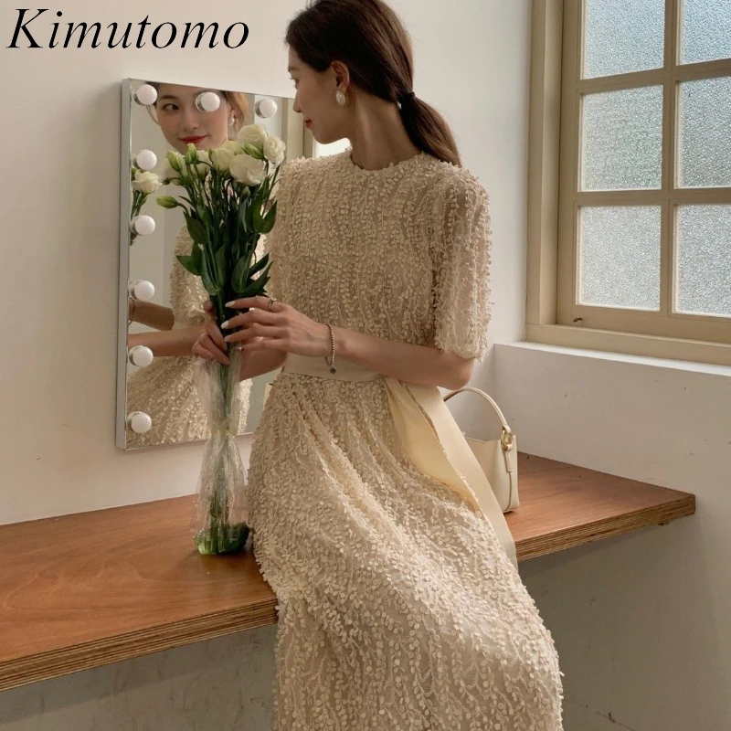 

Kimutomo Fairy Wind Lace Party Dresses Loose Lace Up Three Dimensional Flowers Maxi Dresses French Style Solid Prom Dress