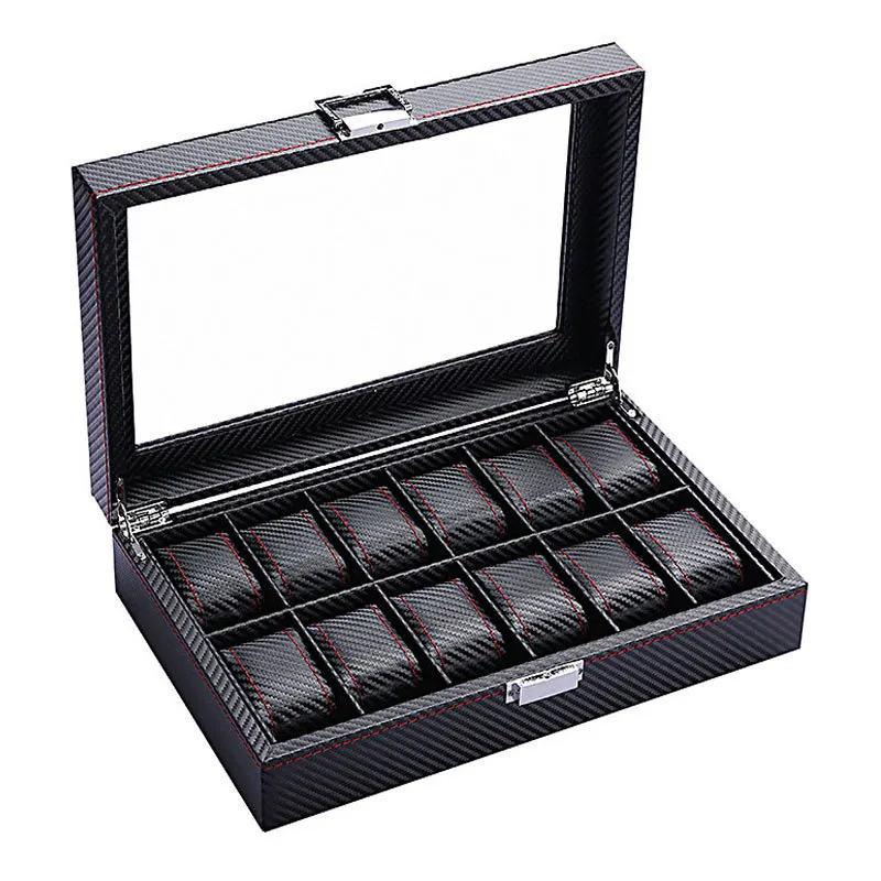 Watch Box 6 Slot Watch Box Organizer for Men Display Case with Glass Topped for Gift Business Carbon Fiber Leather