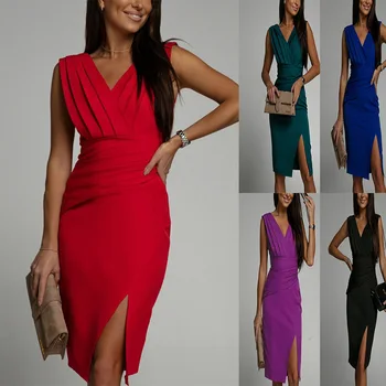 2024 Summer Cross border European and American Long Skirt New V-neck Sleeveless Split High Waist Evening Dress Women's Wear