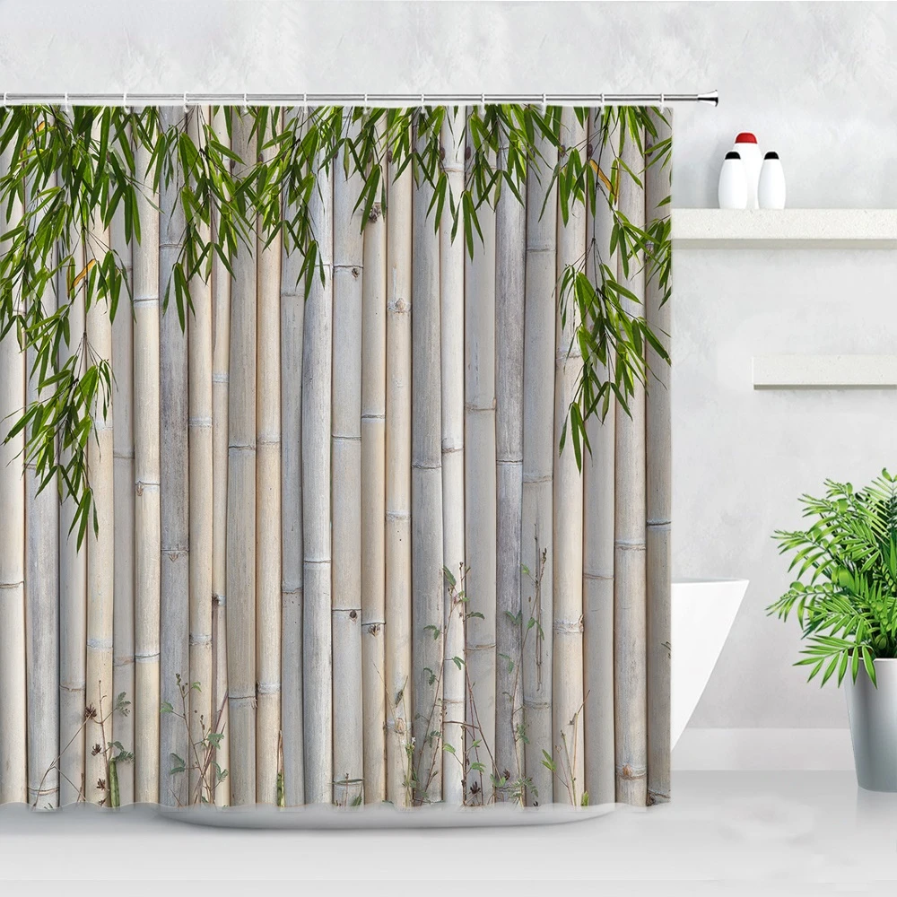 Green Bamboo Buddha Shower Curtain Landscape Waterproof Bathroom Curtain