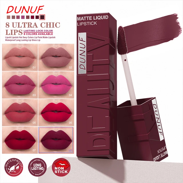 DUNUF Matte Velvet Lip Gloss, 3D Plumping & Waterproof, Square Tube Lipstick, Easy Application, 8 Shades (All-in-One)