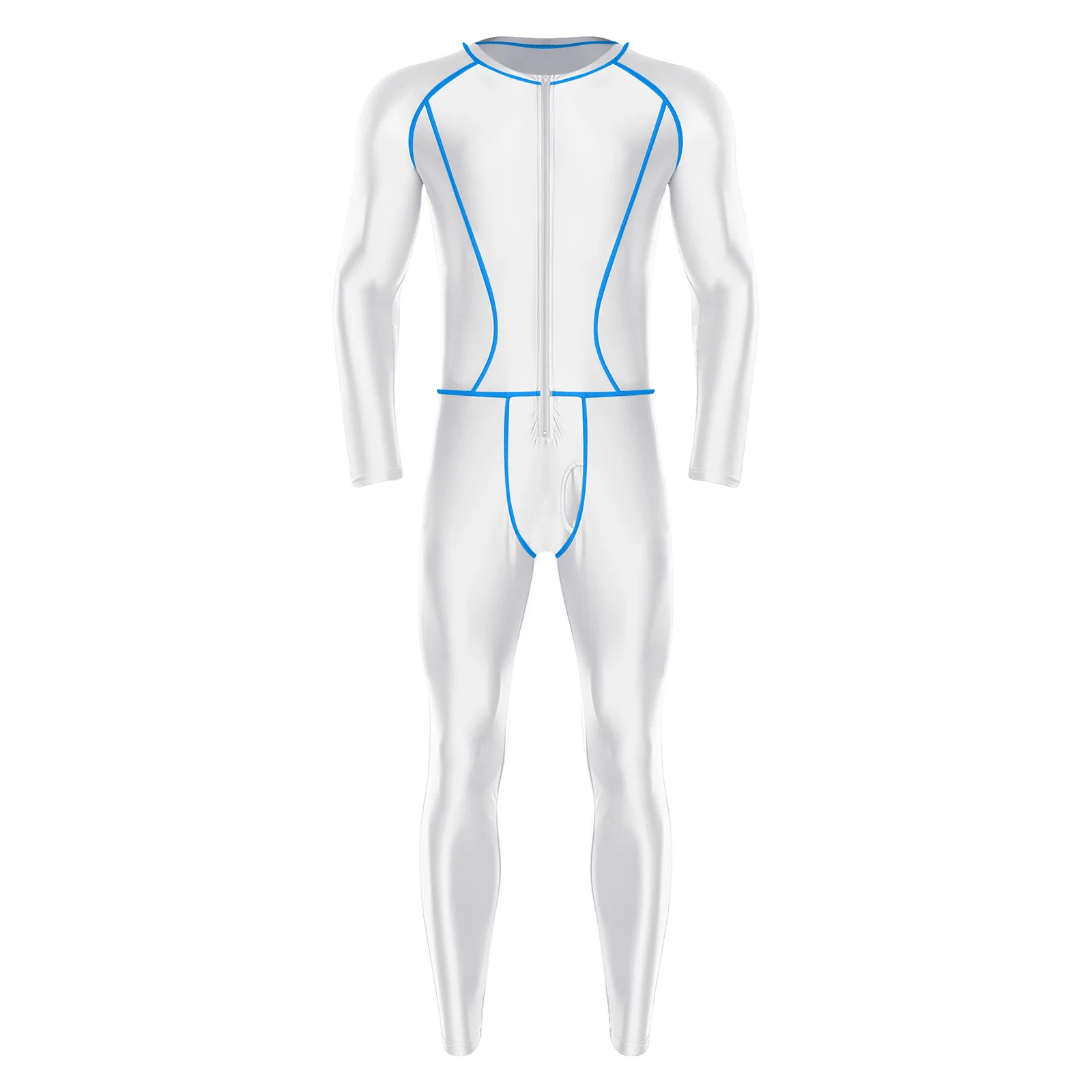 Herren-Erwachsene, ölglänzend, schmal, voller Overall, Badeanzug, äußere flache Nähte, Reißverschluss vorne, lange Hosen, Kompressionsspielanzug, Bodysuit, Badebekleidung – Detail 16