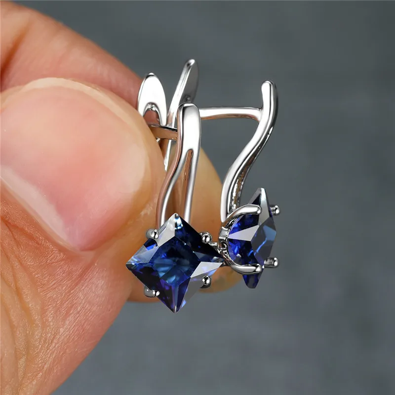 Multicolor Zircon Square Stone Earrings Rainbow Crystal Hoop Earrings Vintage Silver Color Wedding Earrings For Women Party Gift