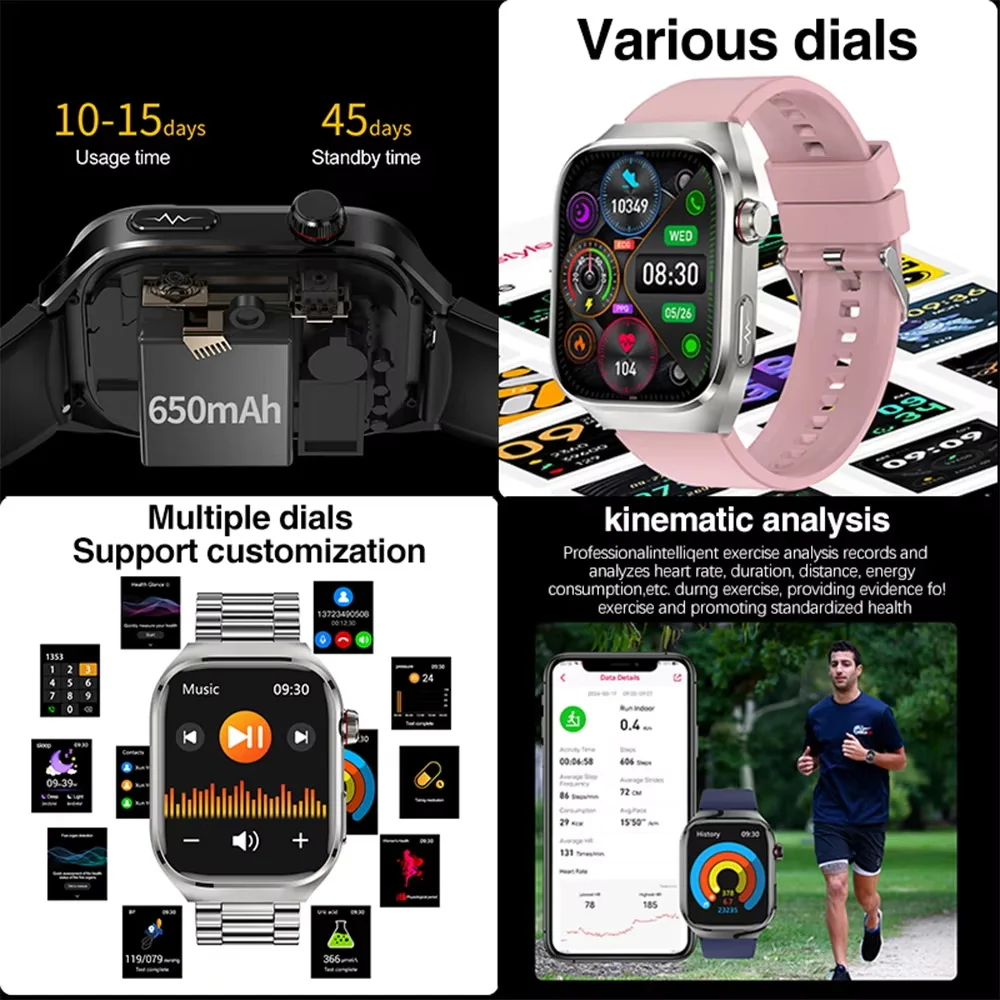 2026 New Nursing Grade Uric Acid Blood lipids Smart Watch Men ECG+PPG Blood Pressure Heart Rate Bluetooth Call Health Smartwatch 6