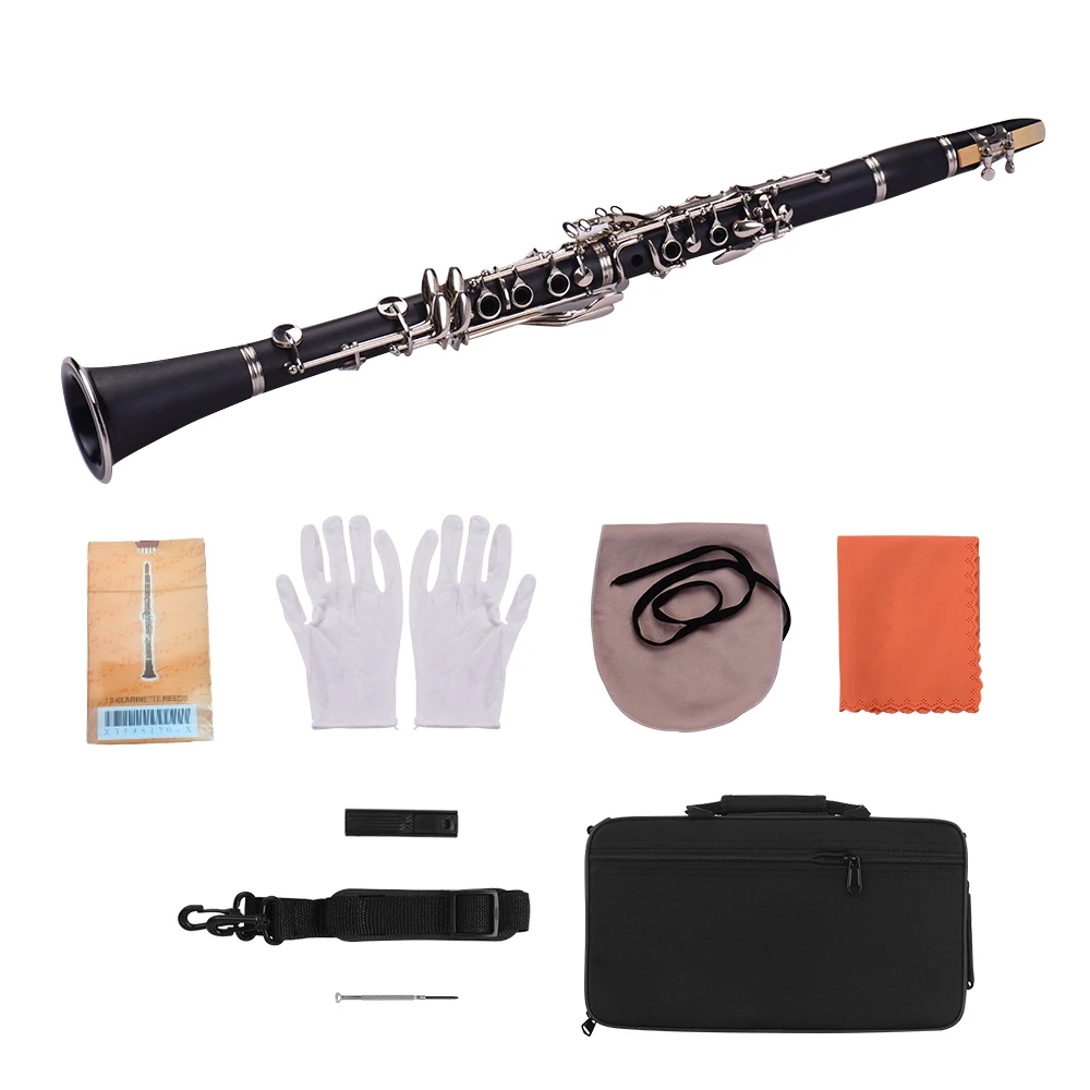 ABS 17-Key Clarinet Bb Flat with Carry Case Gloves Cleaning Cloth Mini Screwdriver Reed Case 10pcs Reeds Woodwind Instrument
