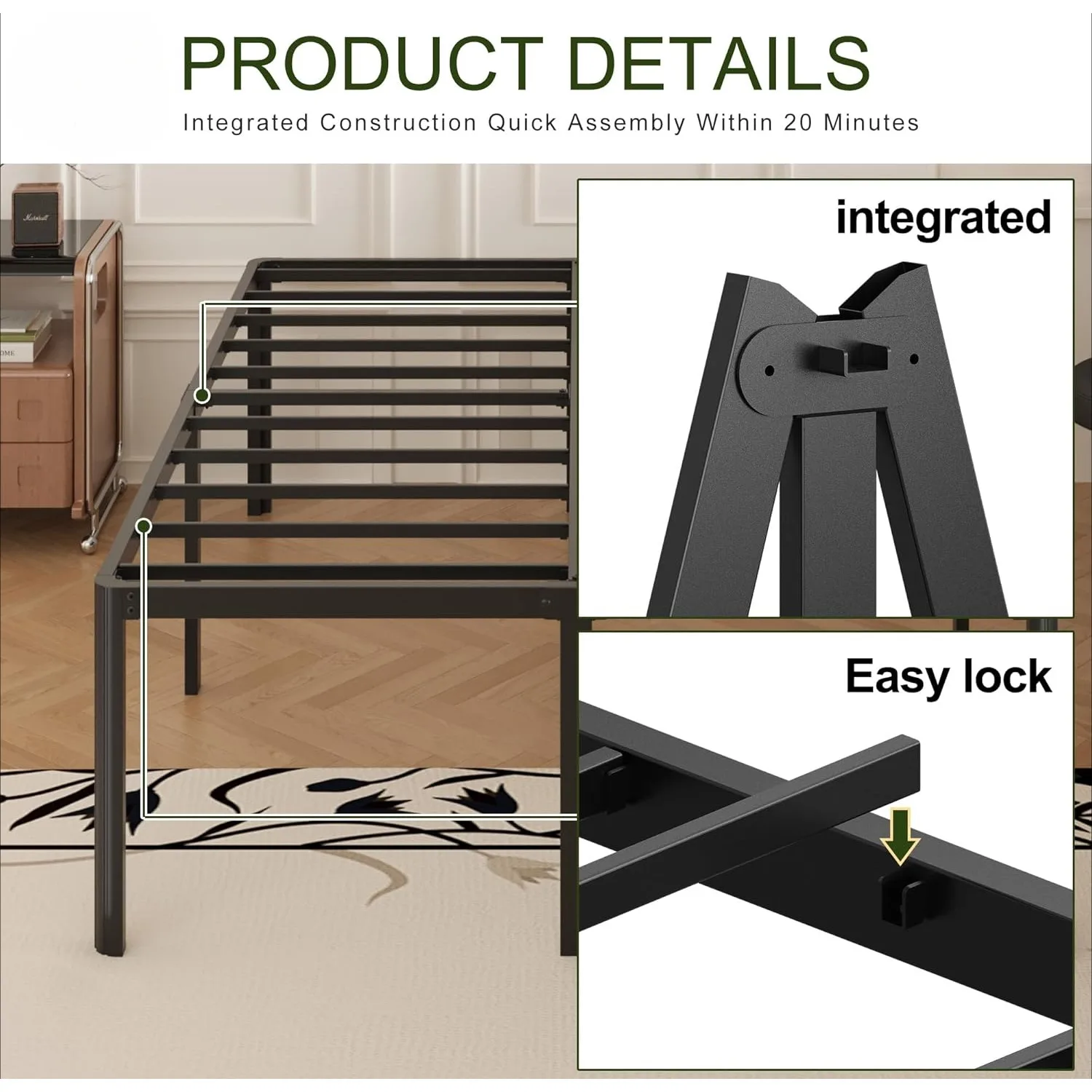 20 inch high XL double bed frame with rounded legs, heavy-duty XL, no need for box springs, easy to assemble, noise free, black 5