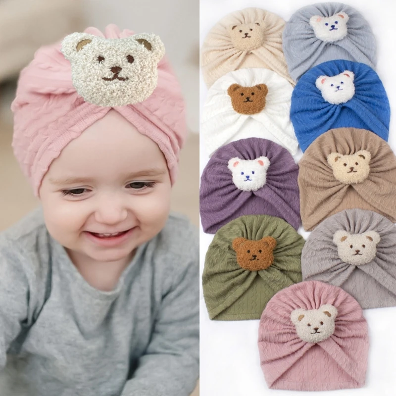 

Solid Turban Hat Baby Caps Headwrap with Bear Charm for 0-2 Years Baby Girls Infants Toddlers Pullover Hat