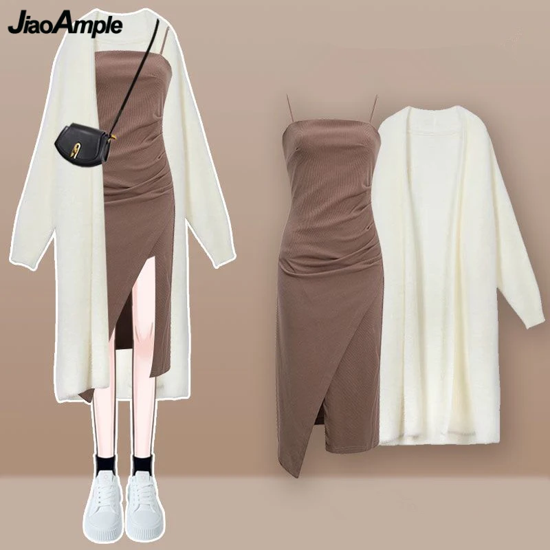 Autumn Winter Women Knit Matching Sets Lady Koraen Loose Long Sweater Cardigan Sling Dress 1 or 2 Piece Suits 2023 New Outfits spring autumn women black blazer pants vest sets office lady basic pure color suit jacket sling trousers outfits 2023 workwear