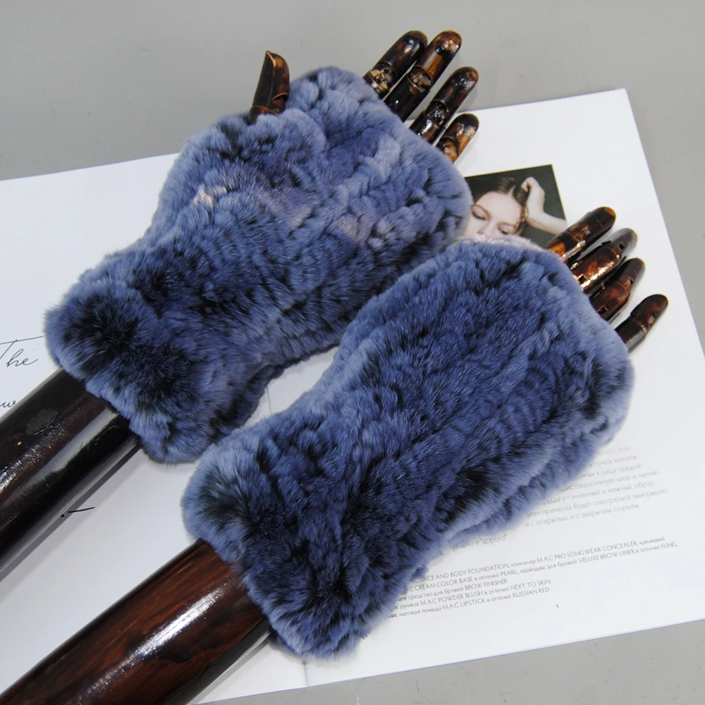New Lady Real Fur Fingerless Gloves Handmade Knit Fur Mitten Winter Warm Women 100% Real Genuine Knitted Rex Rabbit Mittens