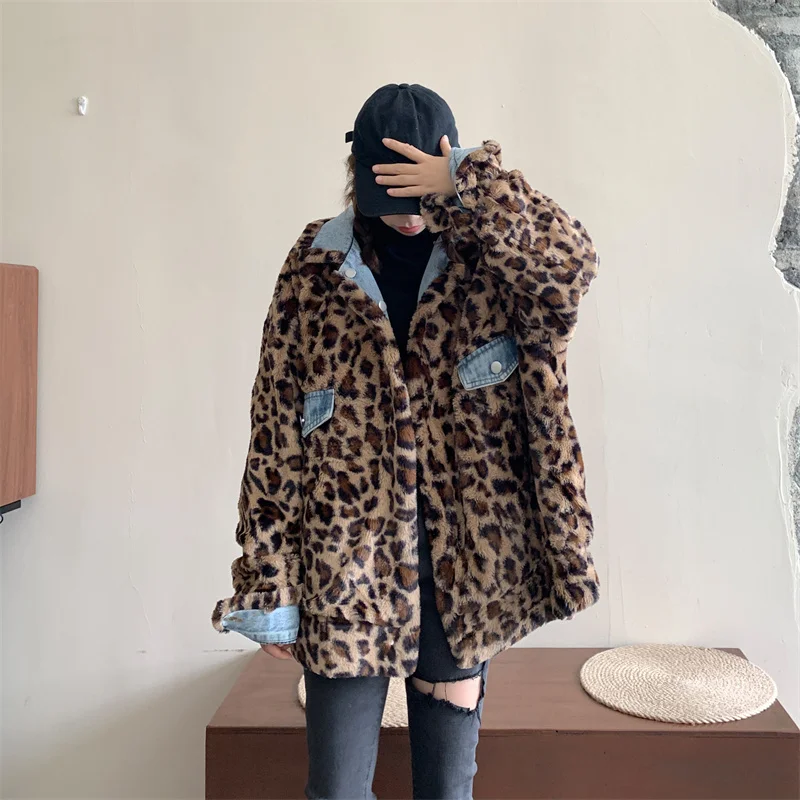 moda coreana do vintage leopardo denim jaqueta feminina inverno streetwear quente casaco de pele do falso reversível designer de luxo roupas femininas