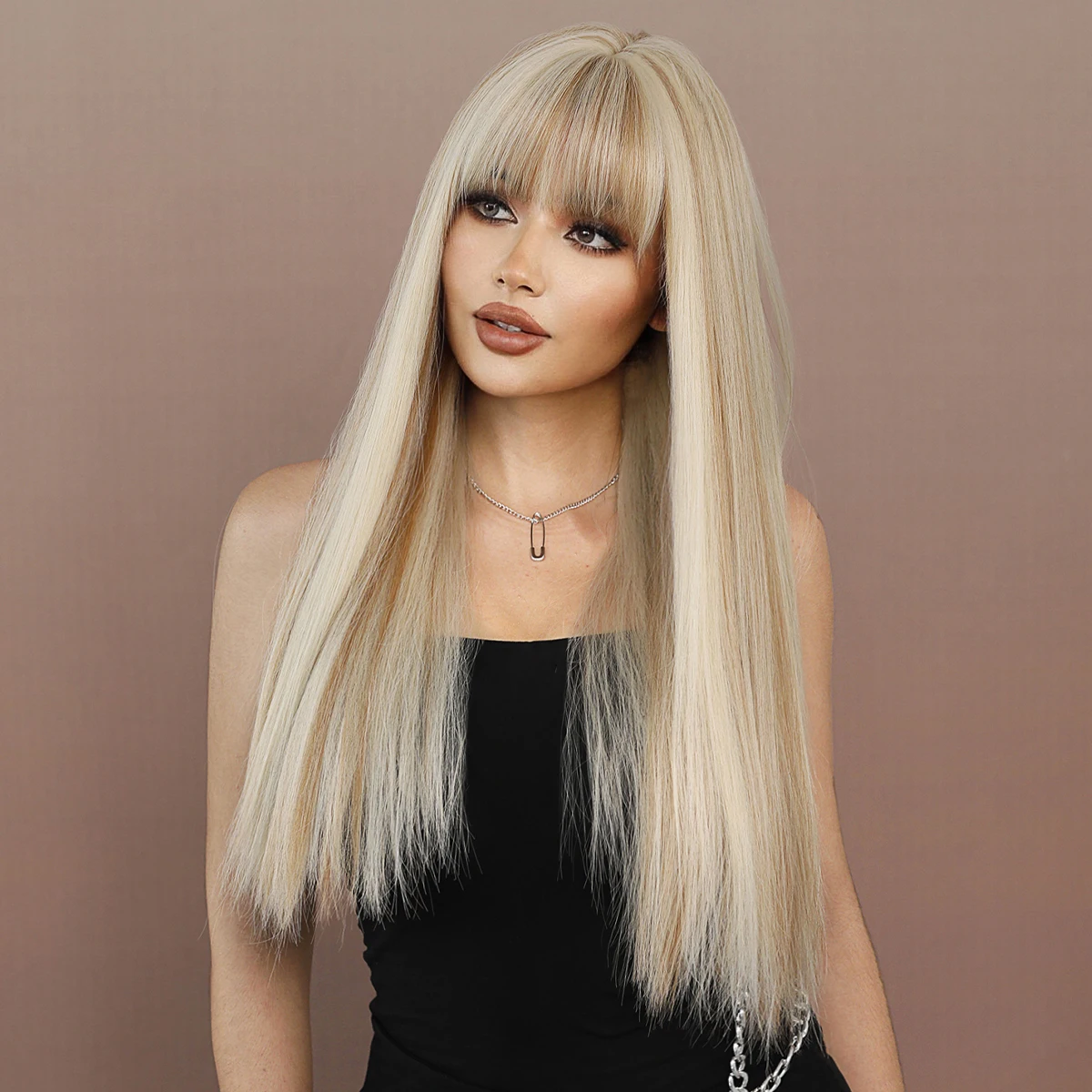 7JHH WIGS Long Straight Brown Highlight Blonde Wigs for Women High Density Heat Resistant Synthetic Hair Wigs with Neat Bangs sylvia long wavy brown wig synthetic full machine made wig with bangs brown wigs for women ombre blonde none lace wig 22 inches