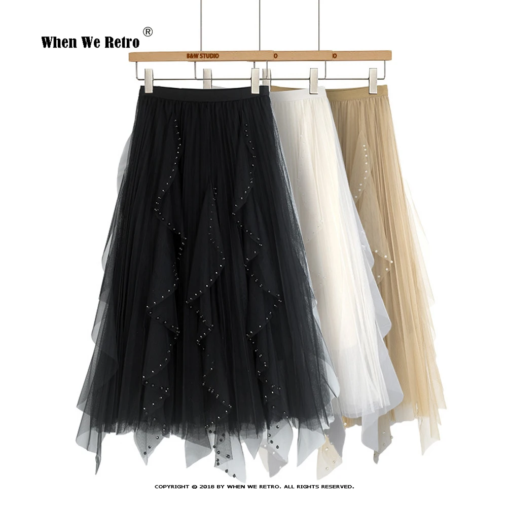 

Women Beaded Petal Mid-length Ruffles Mesh Pleated Skirts Elegant High-waisted Fairy A-line Long Tulle Skirts RS1109