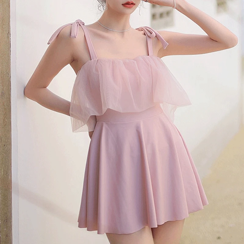 2023 New Conjoined Conservatism Thin Cute Japanese Casual Solid Color Girl Pink Spliced Lace With Chest Pad Youth Style Swimwear