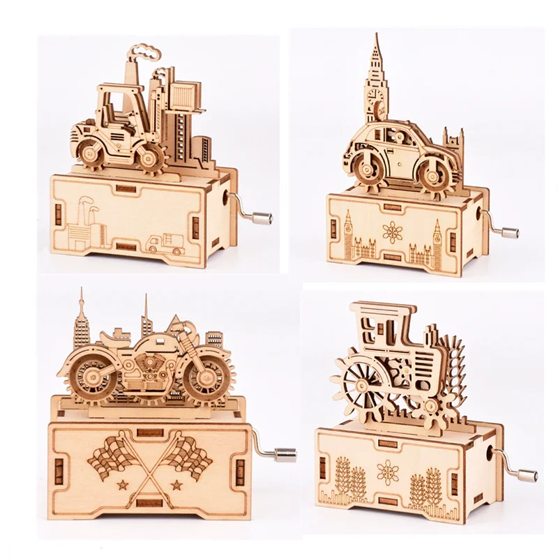 Building Puzzle Model Decompression Parent-Child Handmade Motorcycle Car Truck Toy Hand-Cranked Music Box weird medieval bestiary making music cat playing organ harpist rabbit snail cat jigsaw puzzle personalized child gift puzzle