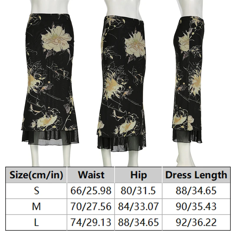 موضة الأزهار الأسود جماليات طبقة مزدوجة شبكة تنورة...