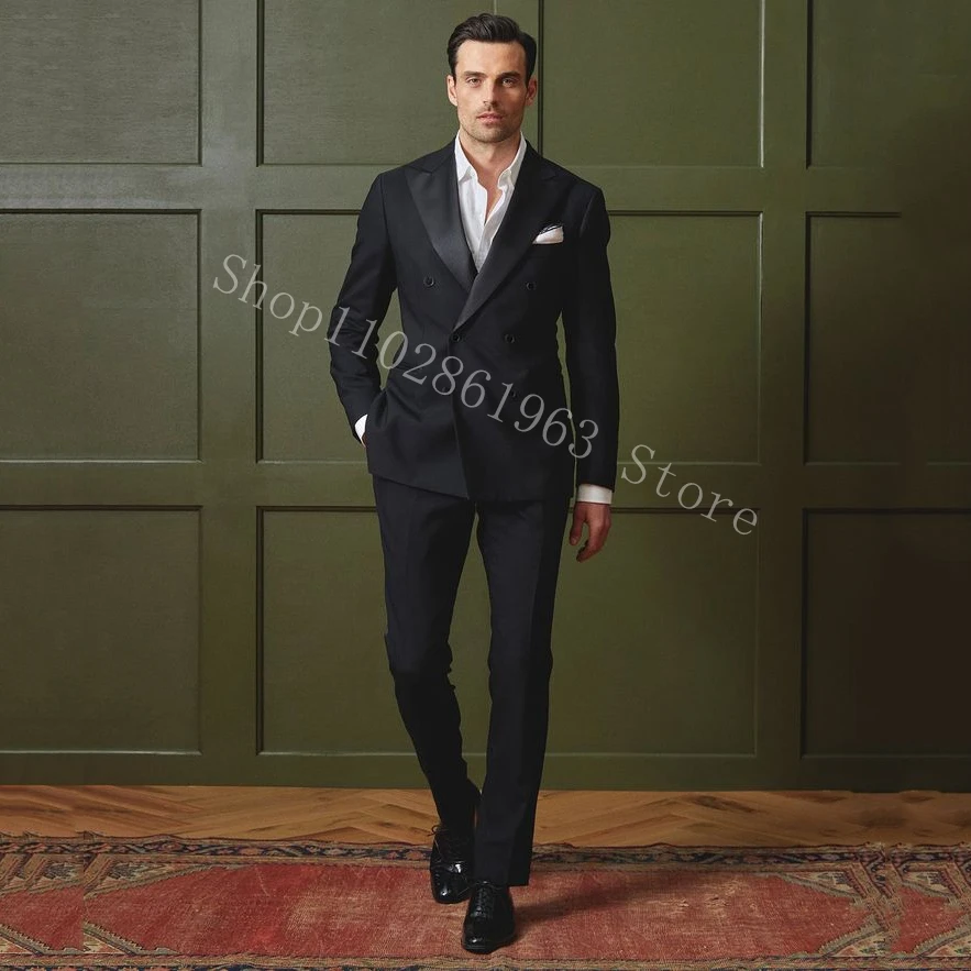 Black Formal Men Suits 2 Pieces Double Breasted Tuxedo Peak Lapel Groomsmen Wedding Suit Men Business Blazer Pants Costume Homme