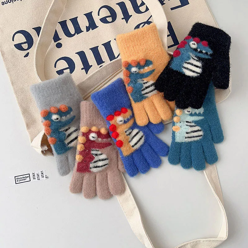 Cartoon Dinosaur Children Knitted Gloves Cold Proof Warm Kids Five Finger Gloves 3-15year Boy Girl Baby Winter Woolen Mittens winter gloves baby mittens