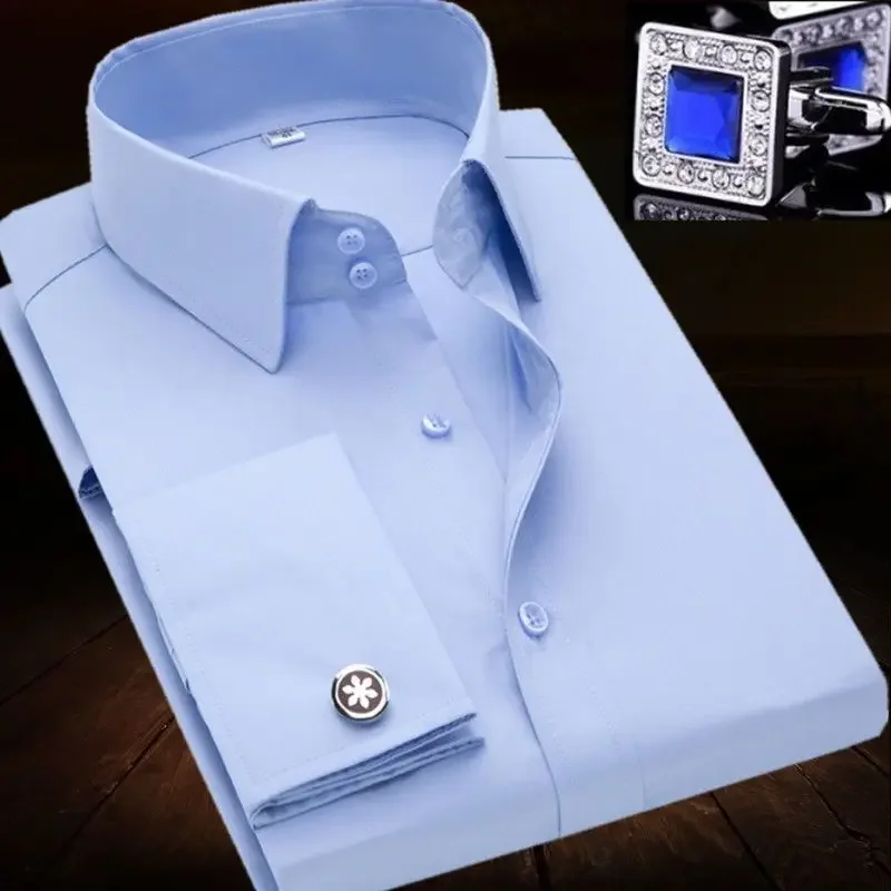 

Men French Cuff Dress Shirt Double Collar Buttons Slim Fit Brand Mens Cufflink Shirts Party Tuxedo Wedding Business Eveining