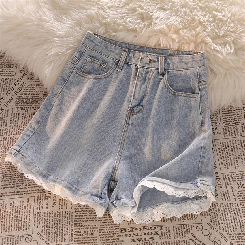 

Gowyimmes 2023 Fashion Summer Women Loose Lace Denim Shorts Slim Lady High Waist Wide Leg Shorts Girl Blue Outwear Mujer PD1523