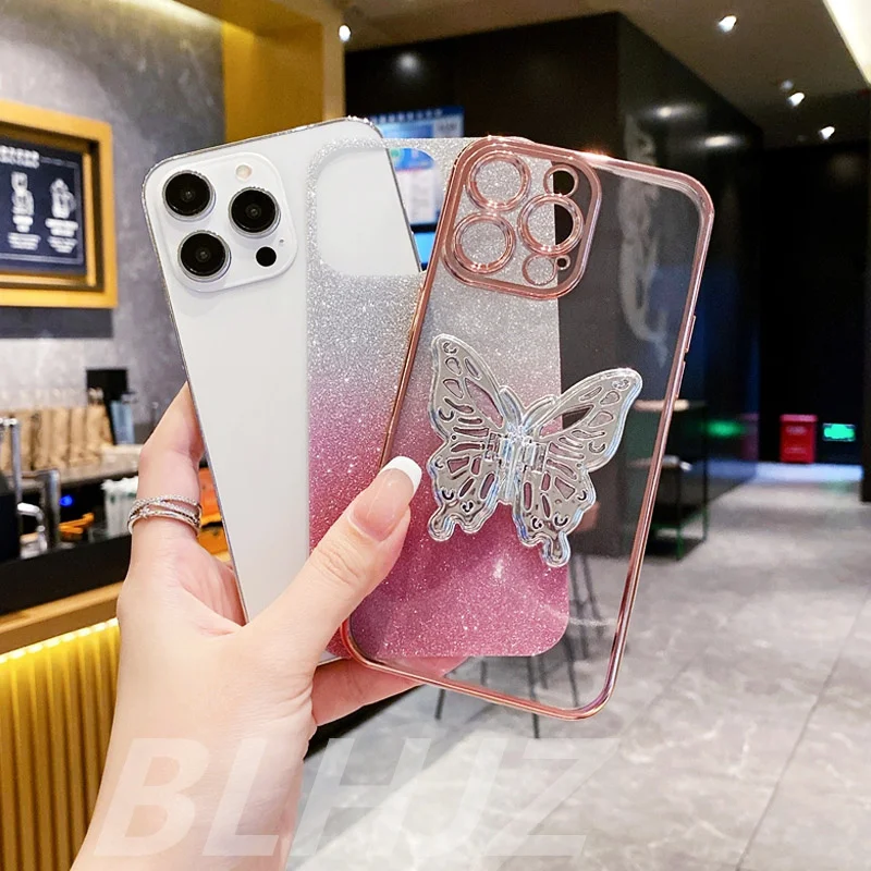 3D Butterfly Glitter Phone Holder Bead Bracelet Case Cover
