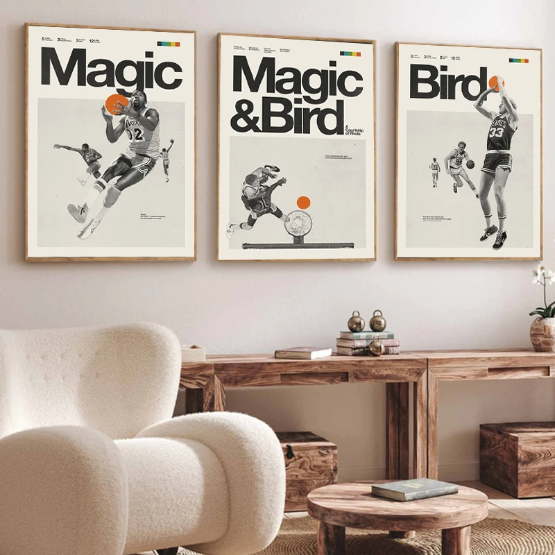 Magic Johnson & Larry Bird Inspired Poster Basketball Sports Canvas Painting Medieval Black and White Pictures Office Room Decor
