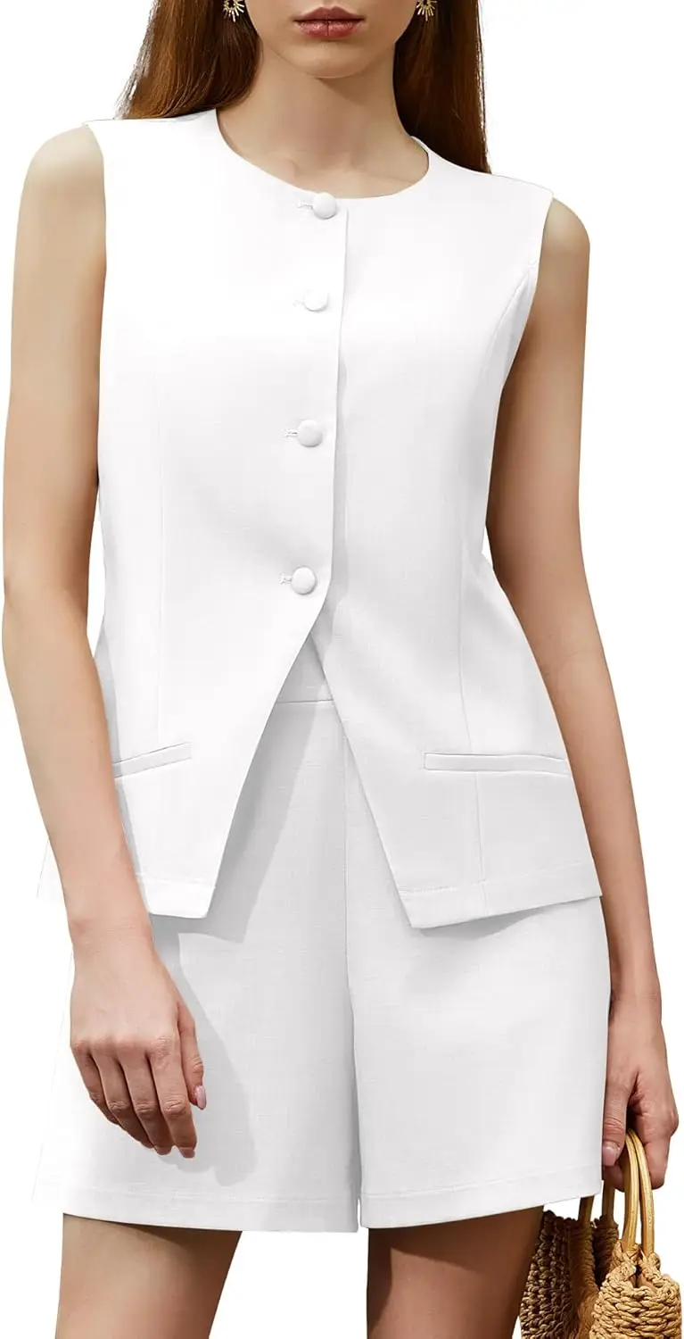 Women's Summer 2 Piece Outfits High Waisted Short Sets Crewneck Button Down Vest Business Work Blazer Suit