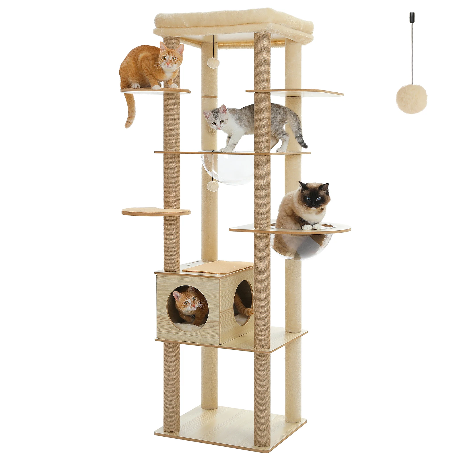 Großer Katzenbaum mit 2 Acryl-Hängematten, Hoher Holz-Katzenturm mit Kratzpfosten & Geräumiger Oberer Liegefläche, Mehrstöckiges Katzenspielzeug für Innenräume – Detail 10