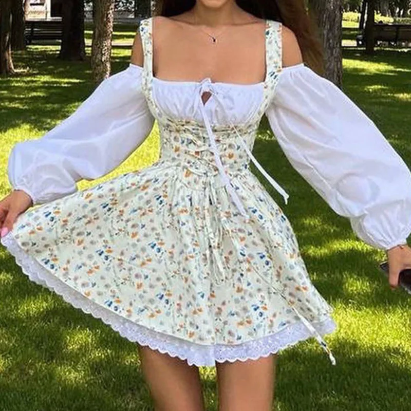 

French Elegant Floral Print Bandage Hem Dresses Sweet Spring Lace Splicing Mini Dress Women New Puff Long Sleeve Stitching Dress