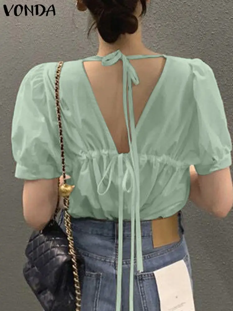 

Модные топы, женские сексуальные рубашки с открытой спиной, летние блузки 2023 VONDA, бандажные повседневные однотонные Блузы с коротким рукавом, женские блузы