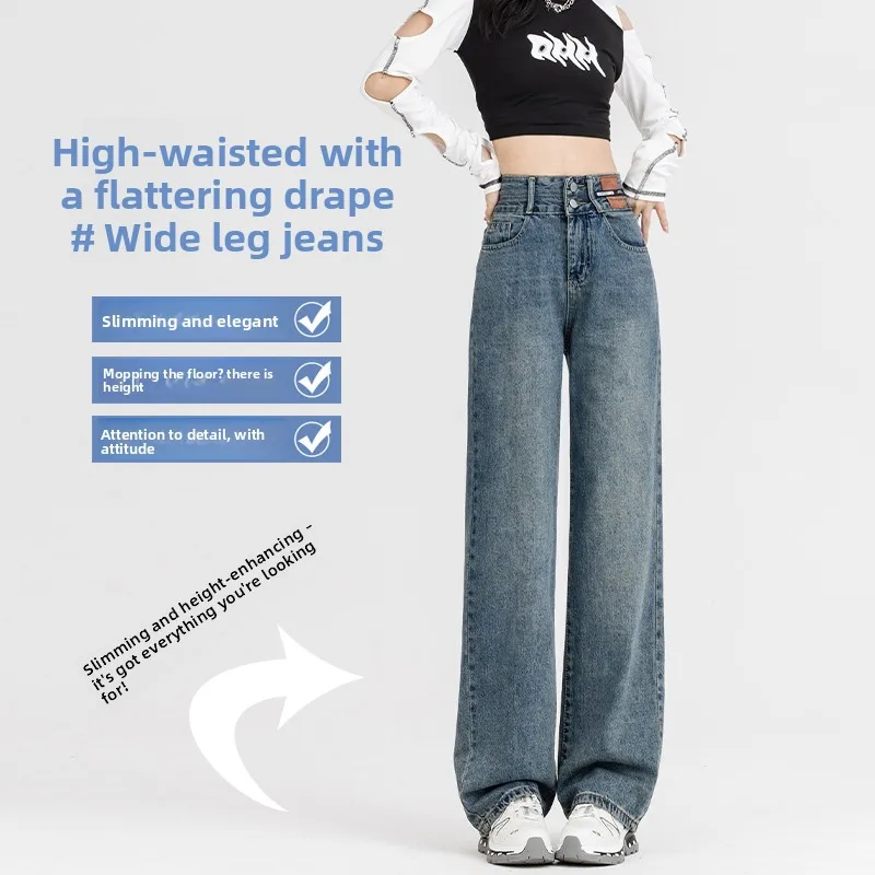 High Waist Wide Leg Jeans Women's Bla ey Slimming Straight Cut Trousers Autumn 2025 New Sle Double Bule Cotton Stretc...