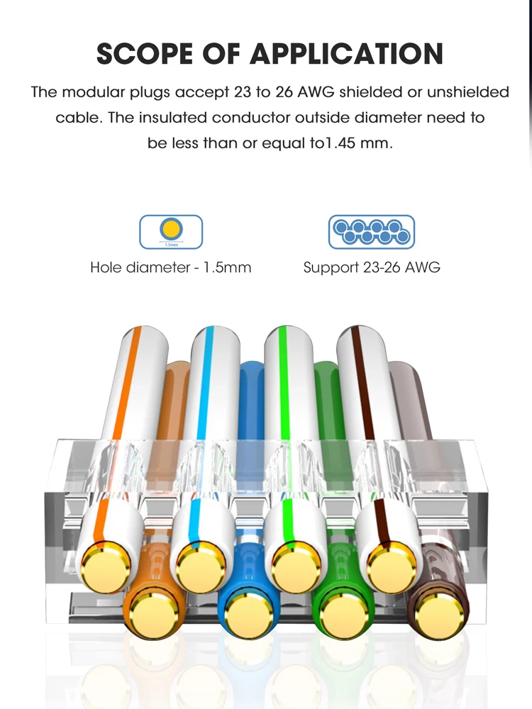 Zoerax Non-pass Through Connectors Conectores Rj45 3-prong Banhado a Ouro 50 m com Strain Relief Boots Cat6a Cat7 - Imagem 6