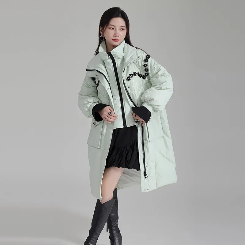 Down Jacket Beaded Applique Decoration Fake Two-piece Winter Contrasting Colors Thickened Mid Length Jacket for Women