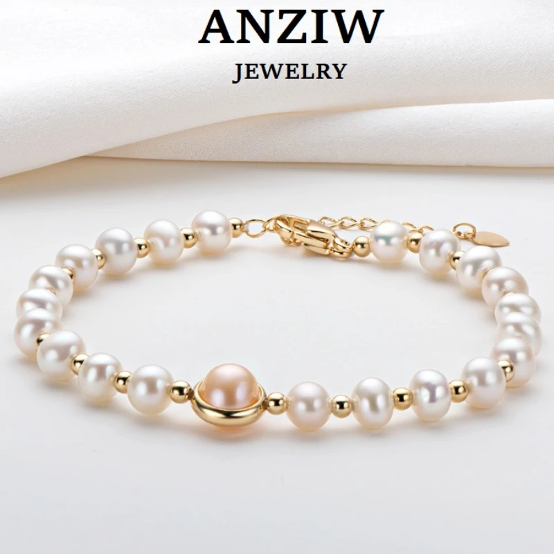 

ANZIW 14K Gold Filled 7-8mm Natural Freshwater Pearl Bracelet Women Charm Jewelry Adjustable Chain Wedding Party Birthday Gifts