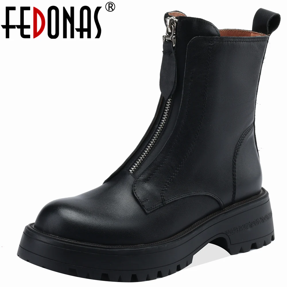 

FEDONAS Vintage Women Ankle Boots Autumn Winter Leisure Genuine Leather Side Zipper Shoes Woman Retro Thick Heels Casual Outdoor