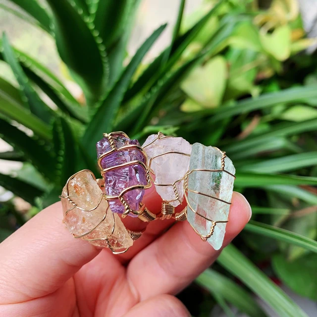 Raw Healing Stone Rings Wire Wrapped - Adjustable Gold Ring Fluorite