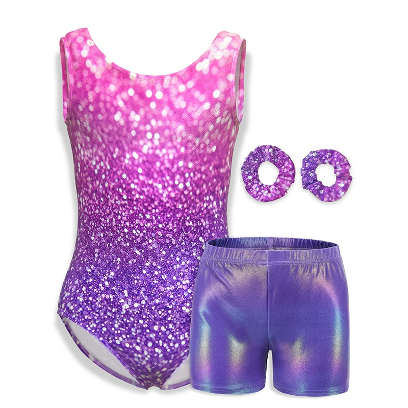 Gymnastics Leotards for Girls Glitter Fashion Print Sleeveless Tank Biketards Activewear with Shorts and Headband children dance leotards gymnastics dancewear sets