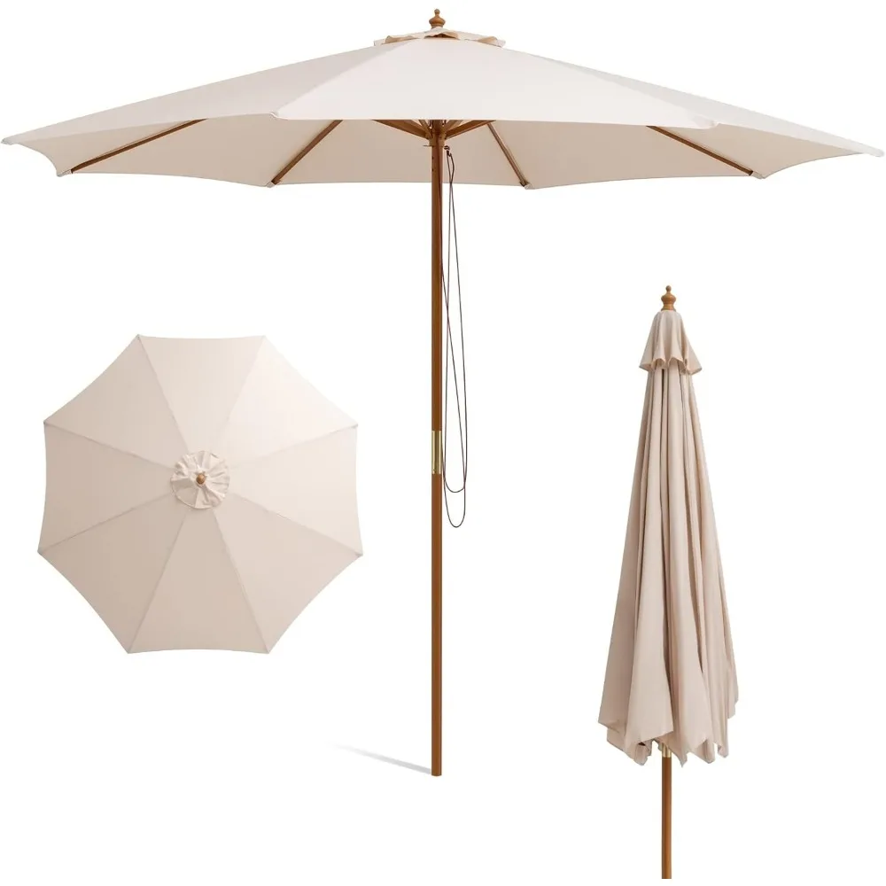 10 FT Wooden Patio Umbrella with Rope Pulley Lift 8 Bamboo Ribs 3 Adjustable Heights Vented Roof Outdoor Table Umbrella