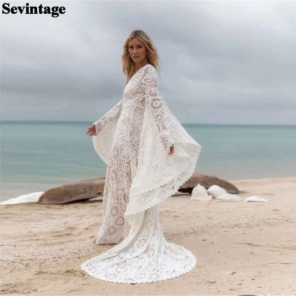 

Sevintage robe boheme V-Neck Lace Boho Long Flare Sleeve Wedding Dress For Women 2024 Court Train Bohemian Bridal Gown for Women