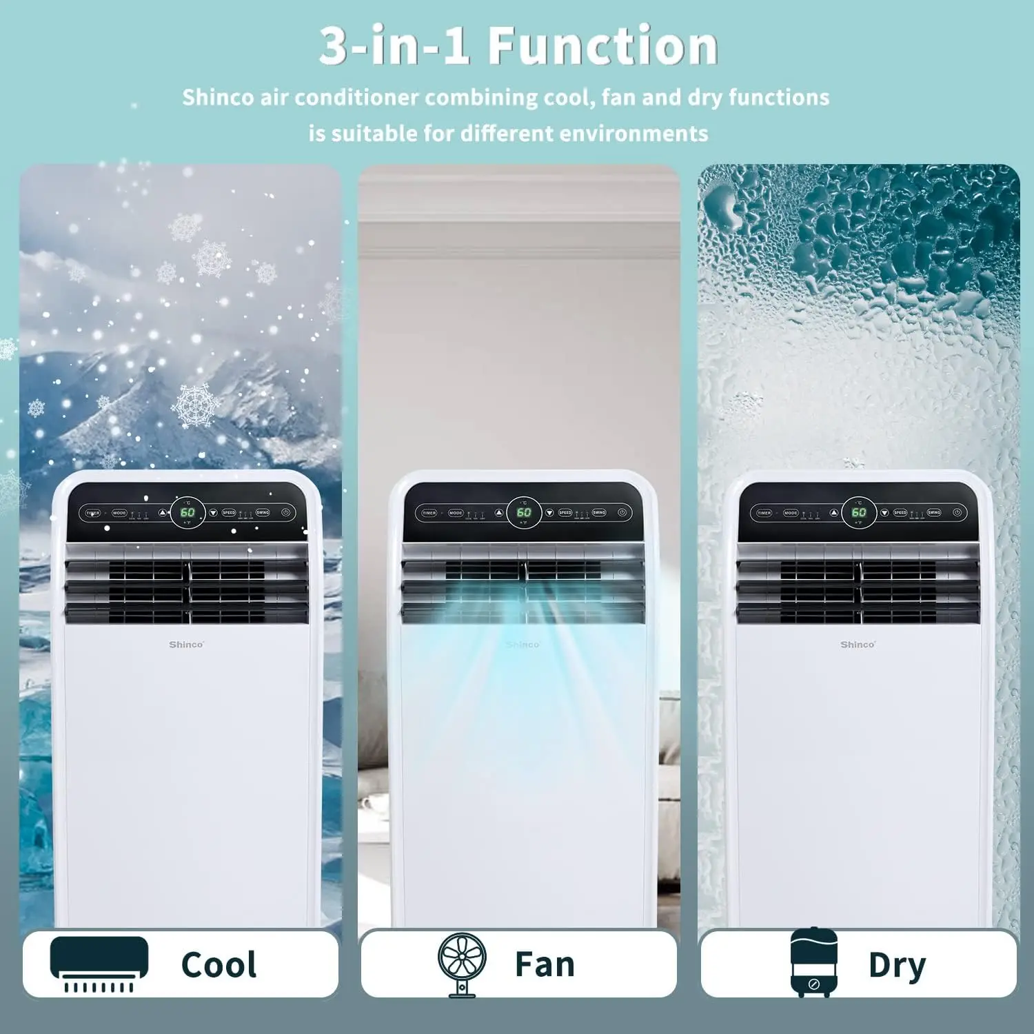 10,000 BTU Portable Air Conditioner, Portable AC Unit with Built-in Cool, Dehumidifier & Fan Modes for Room up to 300 sq.ft, RC 3