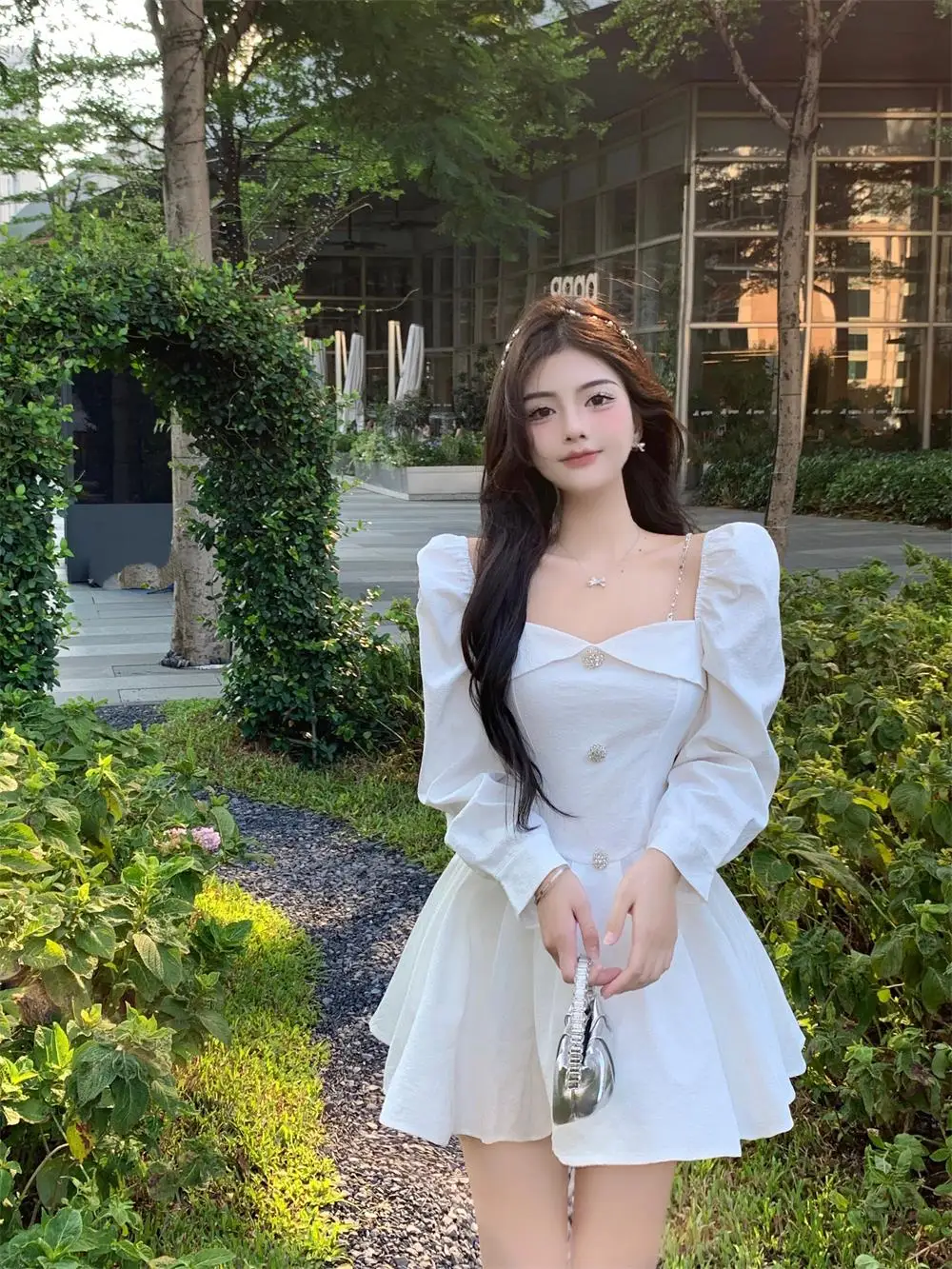 Korean Style Solid Mini Dress Women Long Sleeve Square Collar Spring Fashion High Waist Female Birthday Party Vestidos Mujer