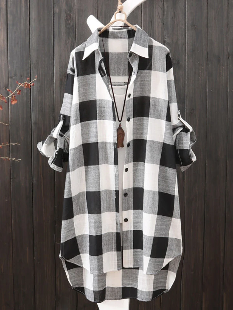 Plus Size Loose Plaid Blouse Women Cotton Shirt Female Mid Length Autumn Long Sleeve Blouse Casual Winter Korean Style Outwear Best Sellers In Plus Sized Clothing