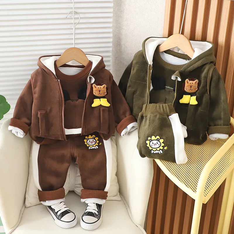 New Baby Boy Winter Dress In Fleece Stuff With Hoodie Style 7B In brown Color