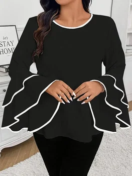 Plus Size Women Shirts 2025 New Relaxed Casual Loose Solid Color New Spring/summer Crew-neck Flared Long-sleeved Top Office Wear 1