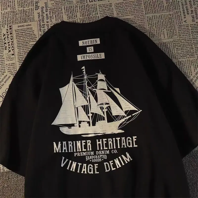 

Pure cotton Japanese simple boat print short-sleeved T-shirt men's summer Harajuku style loose casual half-sleeved men clothing
