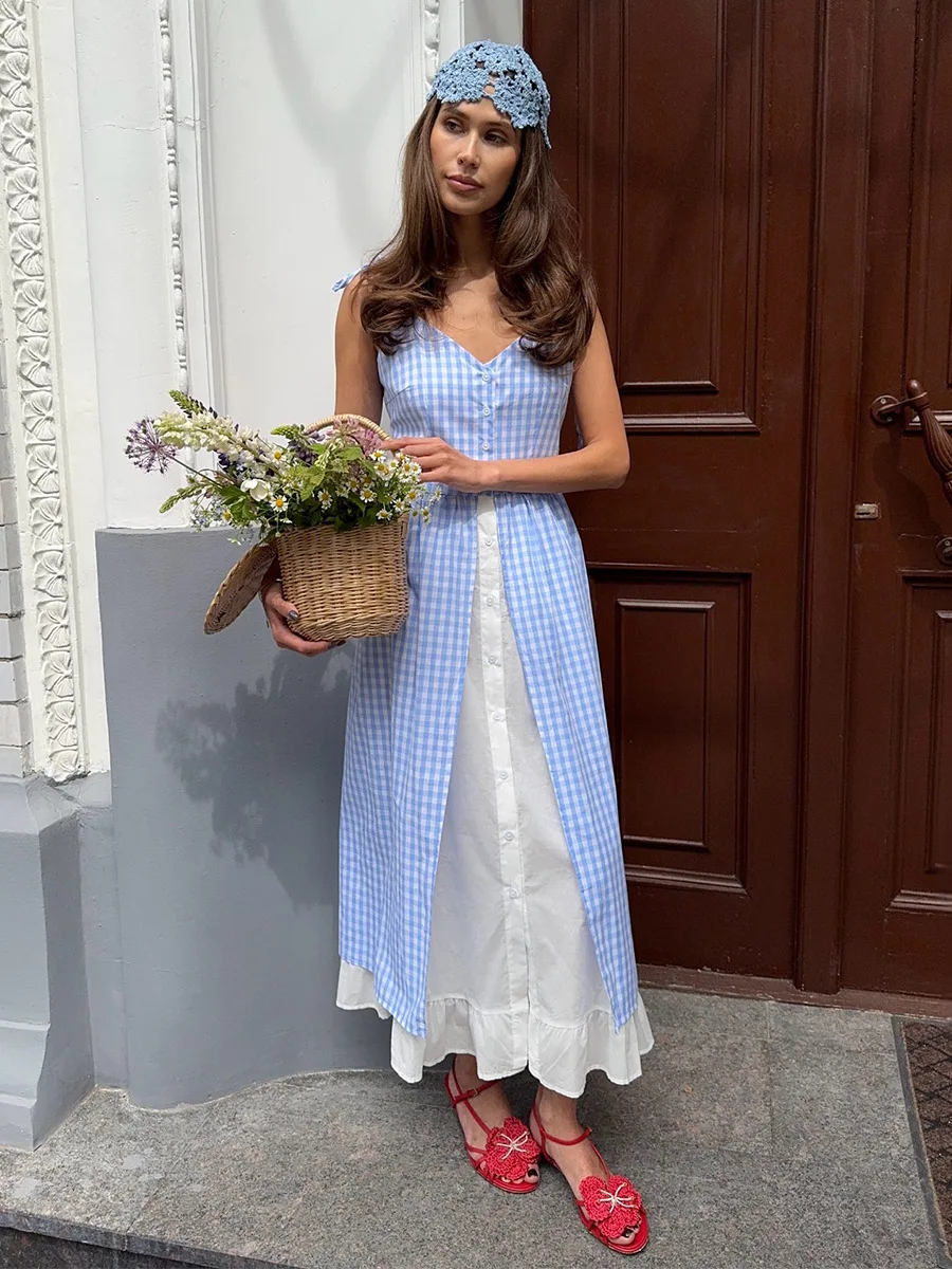 Bornladies Women's 2026 Summer New Blue Plaid Dress Fresh Vacation Style Spliced Sleeveless Dress