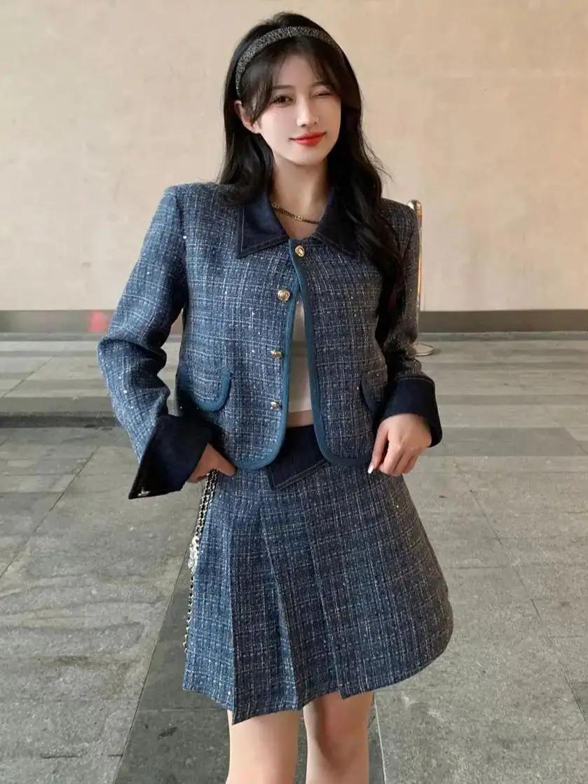 

Retro Small Fragrance 2-Piece Set Denim Splicing Tweed Outfits Jackets + Pleated Mini Skirt Women Trendy Streetwear Spring New