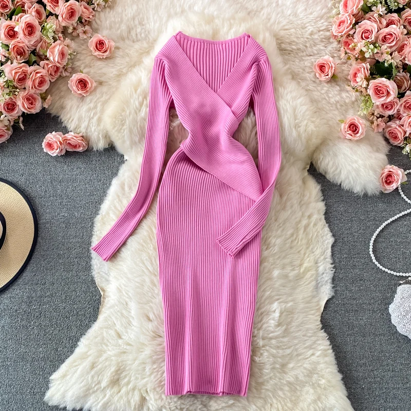 

French Style Vintage Solid Color Women Dresss Fashion Sexy Deep V-Neck Knitting Dresses Female 2023 Autumn Slim Fit Sheath Dress