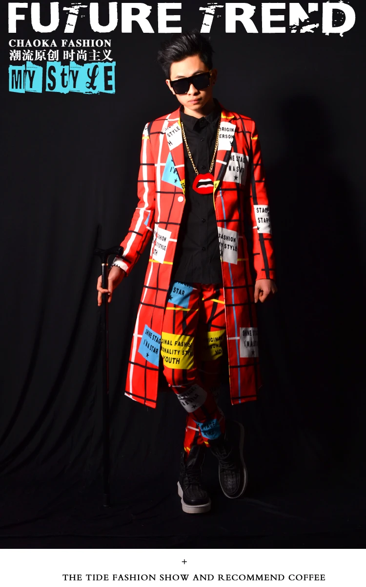 Men Suit Long Red Plaid Line Letter Patchwork Coat Pants Nightclub Male Singer DSDJ Bar Stage Performance Clothing Fashion Set