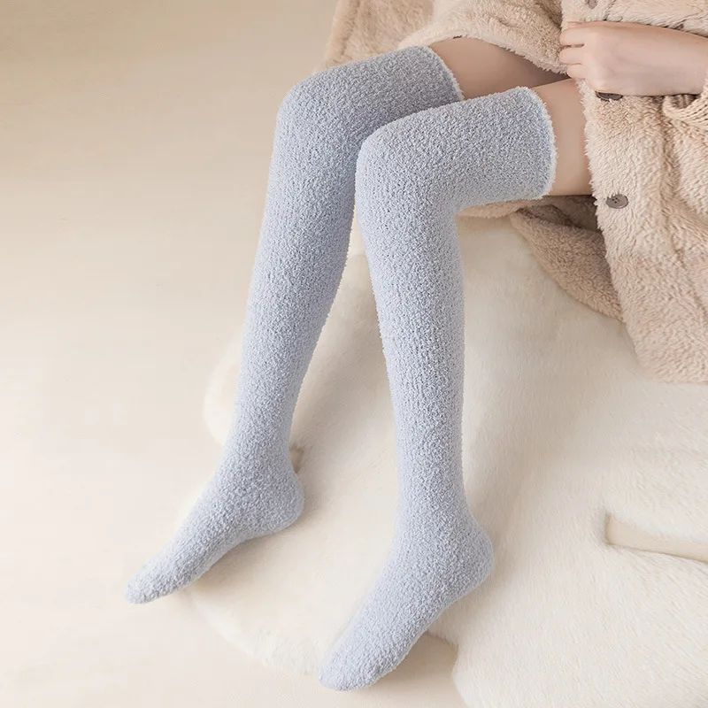 Women Winter Warm Coral Fleece Over-knee High Socks Plush Home Sleep Floor Long Socking